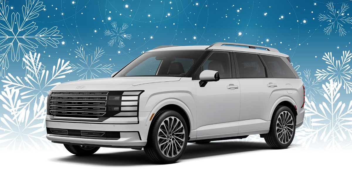 A white Hyundai Palisade on a festive blue background with snow patterns
