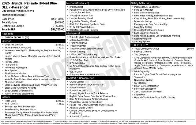 2026 Hyundai PALISADE HYBRID Blue SEL 7 Passenger