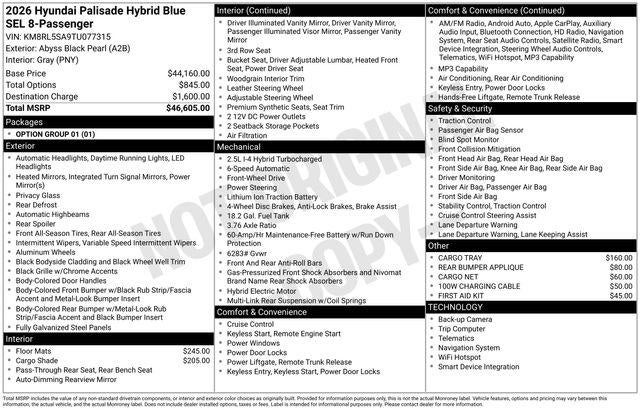 2026 Hyundai PALISADE HYBRID Blue SEL 8 Passenger