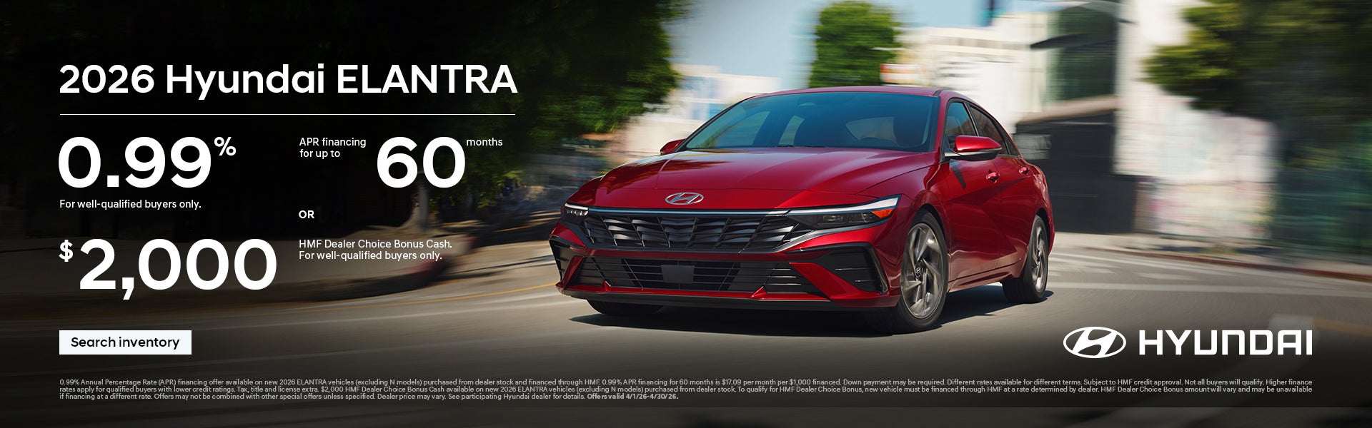 2026 Hyundai Elantra APR or Bonus Cash Offer